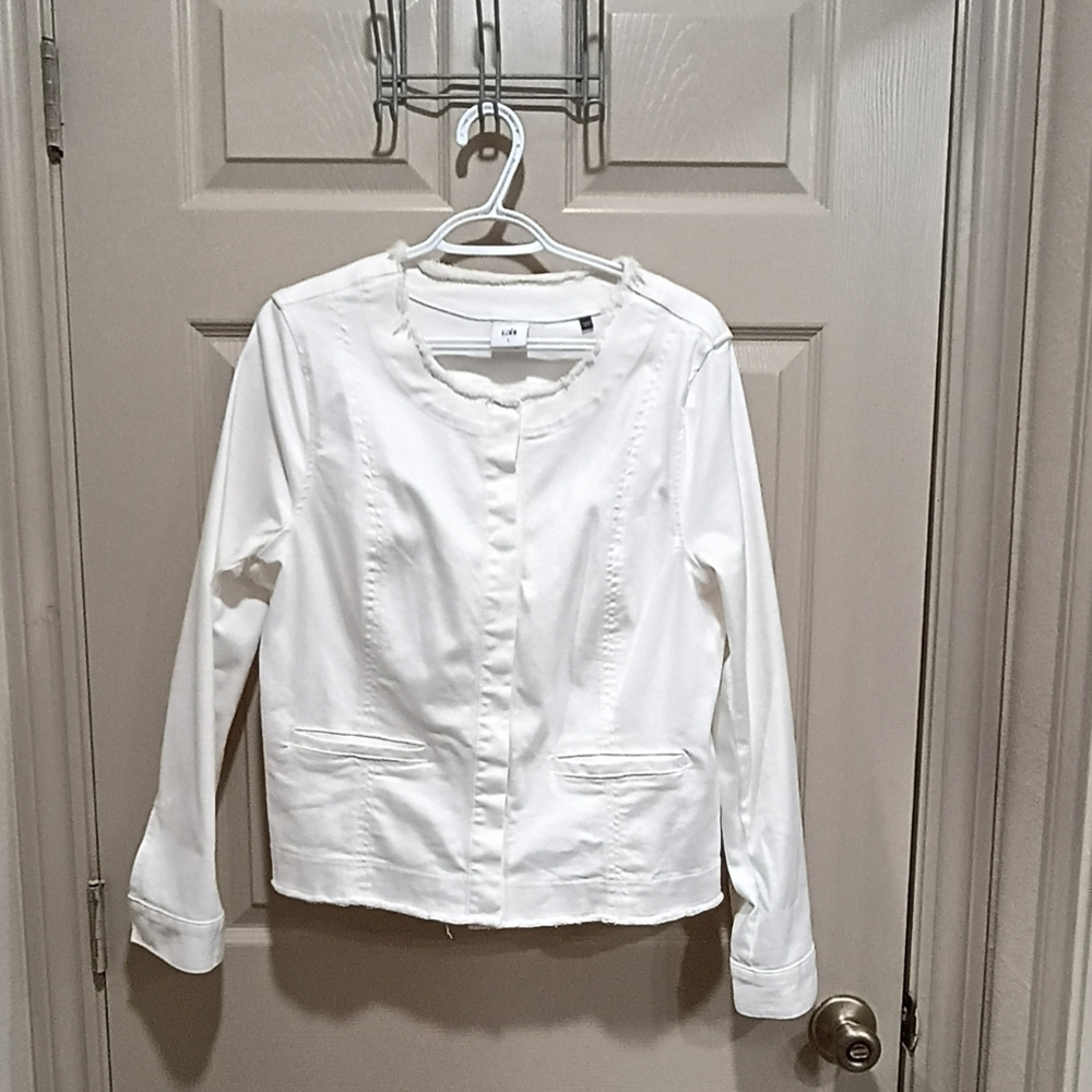 CABI Castaway White Denim Jacket Raw Edges~Size L EUC